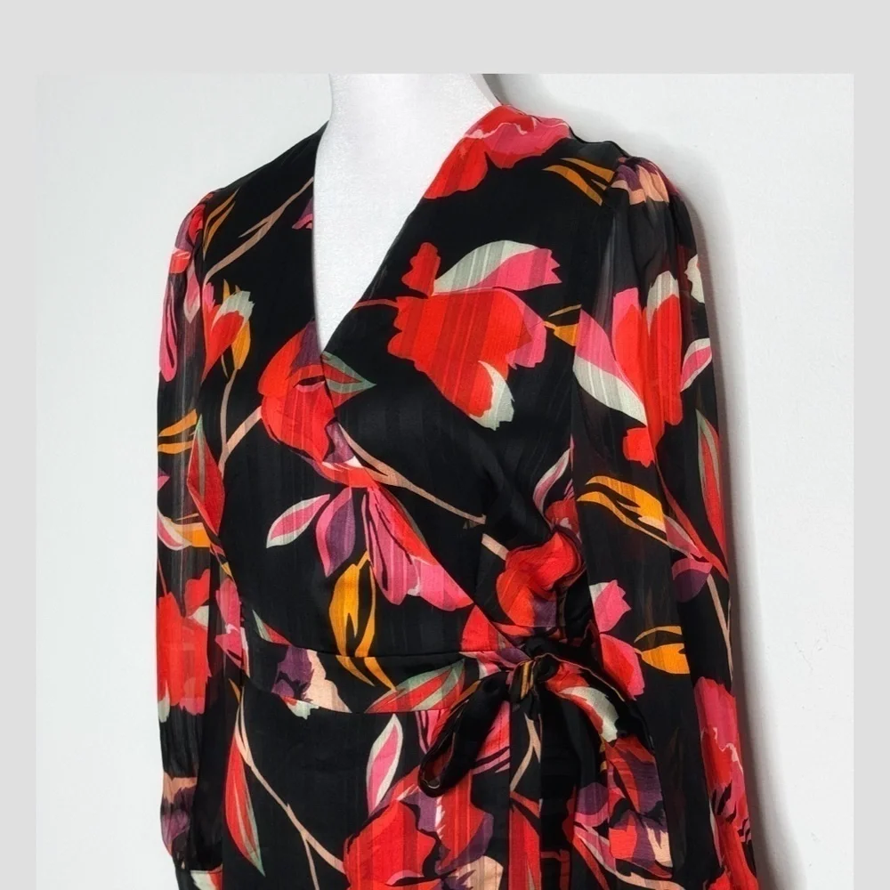 Adelyn Rae Wrap Dress High Low Chiffon Long Sleeve Black Red Print Sheer Sleeve